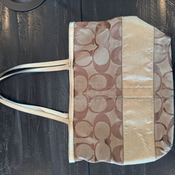 Coach Signature Print Brown with Gold Stripe Tote Bag - Picture 3 of 6
